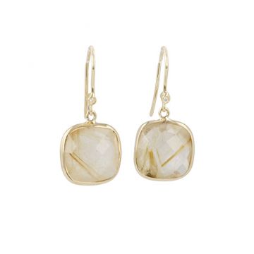 Sundrops | Earrings 14 Carat Yellow Gold | Diamond & Rutilated Quartz 12 x 12 mm