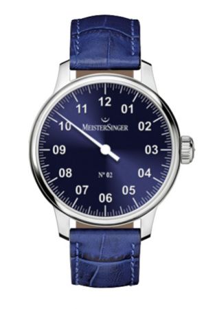 Meistersinger N°02 AM6608N 43mm, donkerblauwe wijzerplaat & stalenkast.