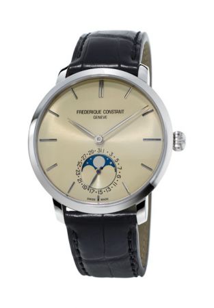 Frederique Constant Slimline Moonphase FC-705BG4S6 Automatic Date steel case champagne dial black leather strap