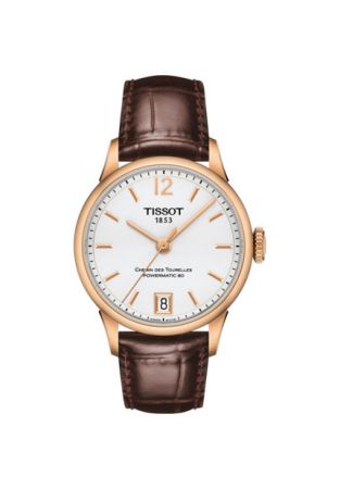 Tissot Chemin Des Tourelles Automatic T099.207.36.037.00 Date steel and pinkgold PVD case silver dial brown leather strap