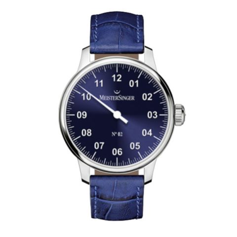 Meistersinger N°02 AM6608N 43mm, donkerblauwe wijzerplaat & stalenkast.