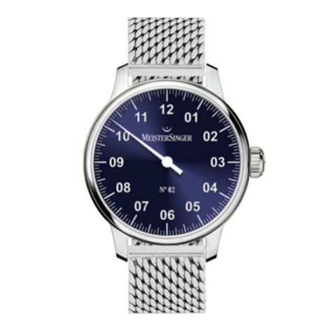 Meistersinger N°02 AM6608N 43mm, donkerblauwe wijzerplaat & stalenkast.