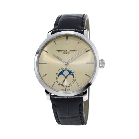 Frederique Constant Slimline Moonphase FC-705BG4S6 Automatic Date steel case champagne dial black leather strap