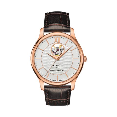 Tissot Tradition T063.907.36.038.00 Automatic Open Heart steel with pinkgold PVD case silver dial brown leather strap