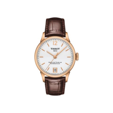 Tissot Chemin Des Tourelles Automatic T099.207.36.037.00 Date steel and pinkgold PVD case silver dial brown leather strap